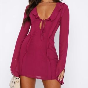White Fox Falling to Pieces long Sleeve Mini Dress in Berry Size L